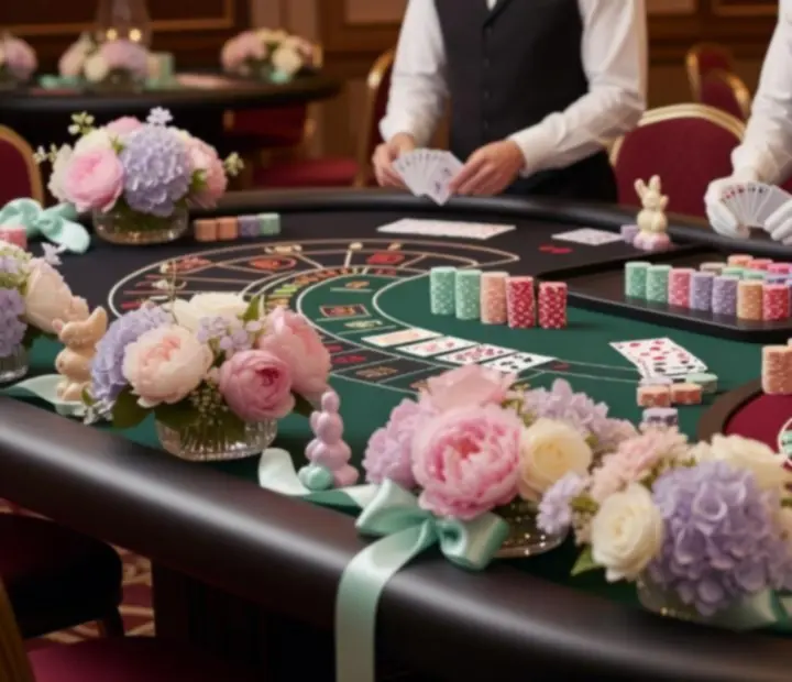 Stoły eventowe przygotowane na wydarzenie w stylu casino