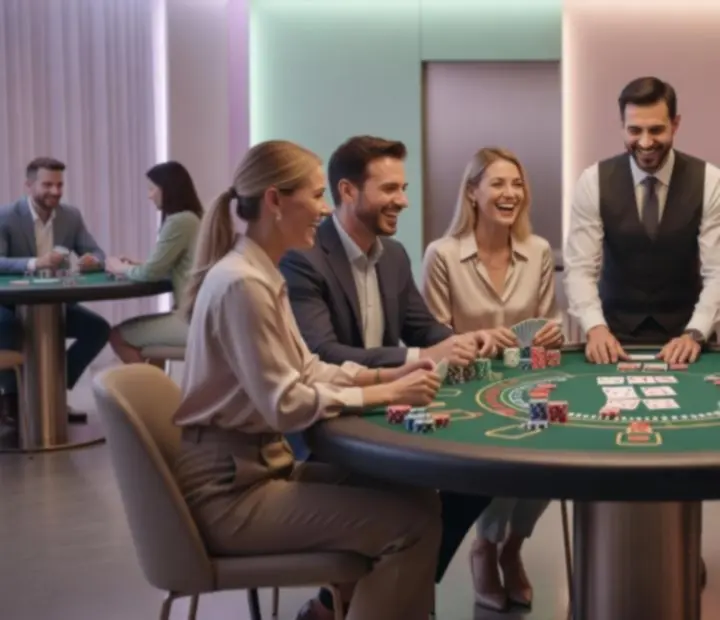 Stoły pokerowe i casino w trakcie imprezy firmowej w klimacie casino